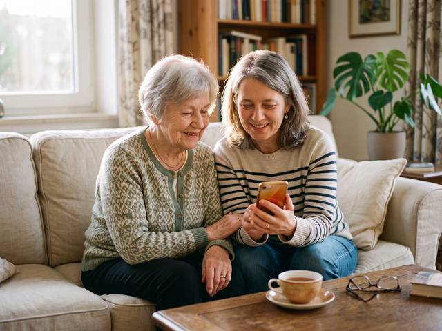 Zwei Frauen, Tochter und Mutter, sitzen mit dem Telefon auf dem Sofa