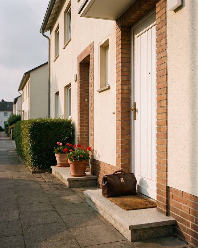 Ein Arbeitskoffer für die mobile Fußpflege steht vor einer Haustür