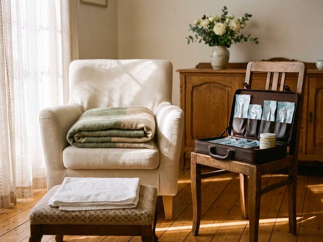 Wohnzimmer, vorbereitet für den Fußpflege-Termin: Sessel, Hocker mit frischem Handtuch und geöffneter Arbeitskoffer